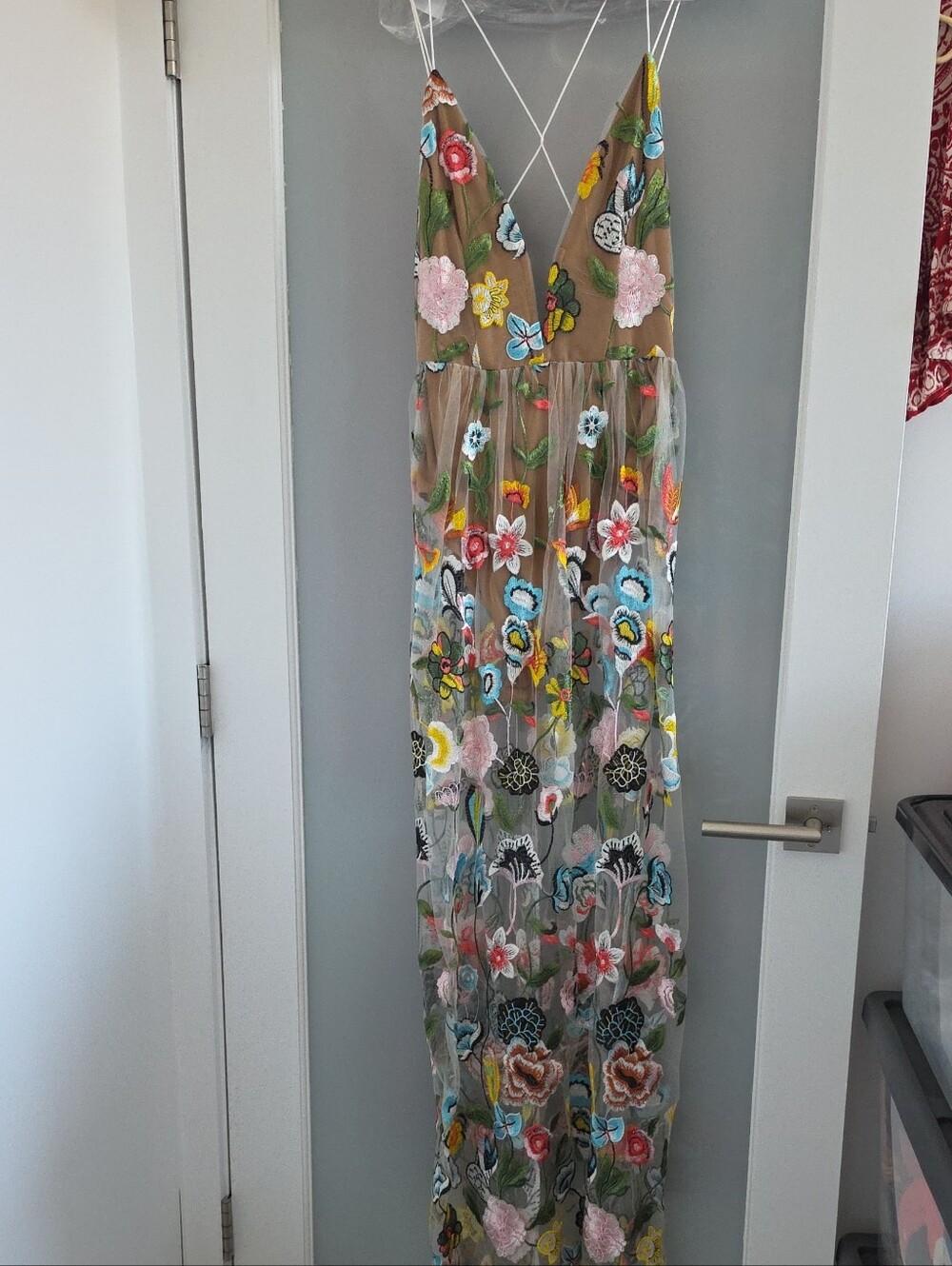 Embroidered Floral Sheer Maxi Dress in Tan with Multicolor Blooms - Picture 2 of 11